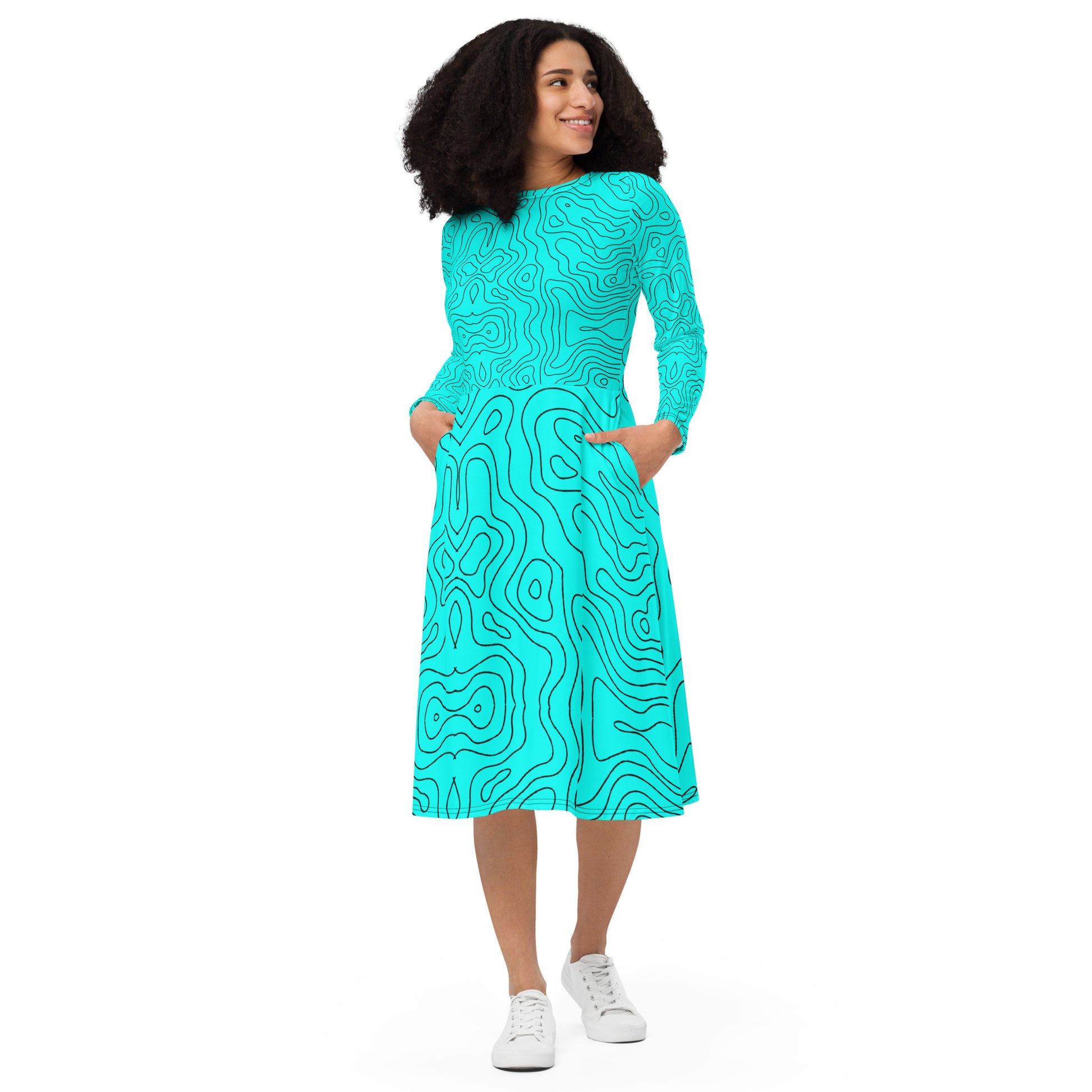 Blue Abyss Women's Long Sleeve Midi Dress - FLAKOUT