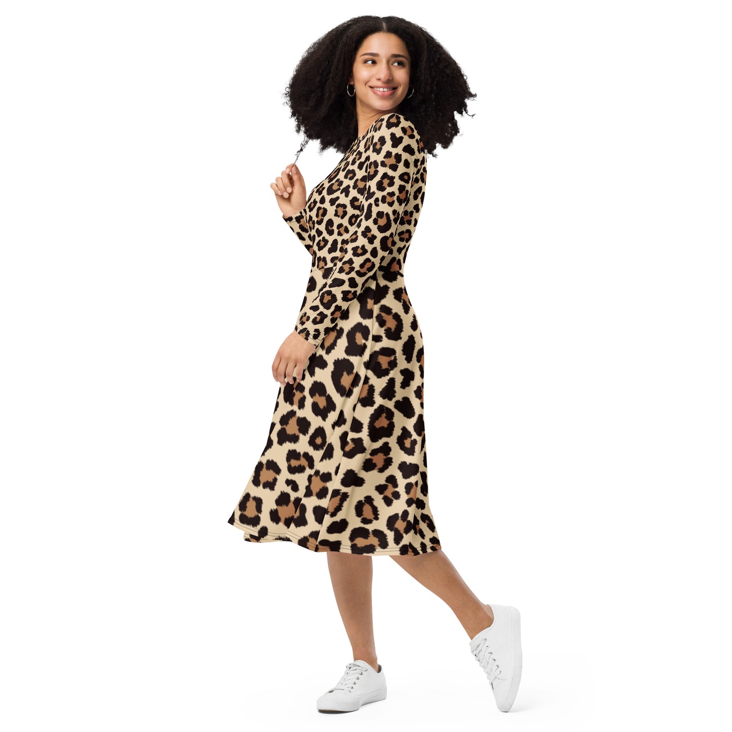 Leopar Chic Feline Women's Long Sleeve Midi Dress - FLAKOUT