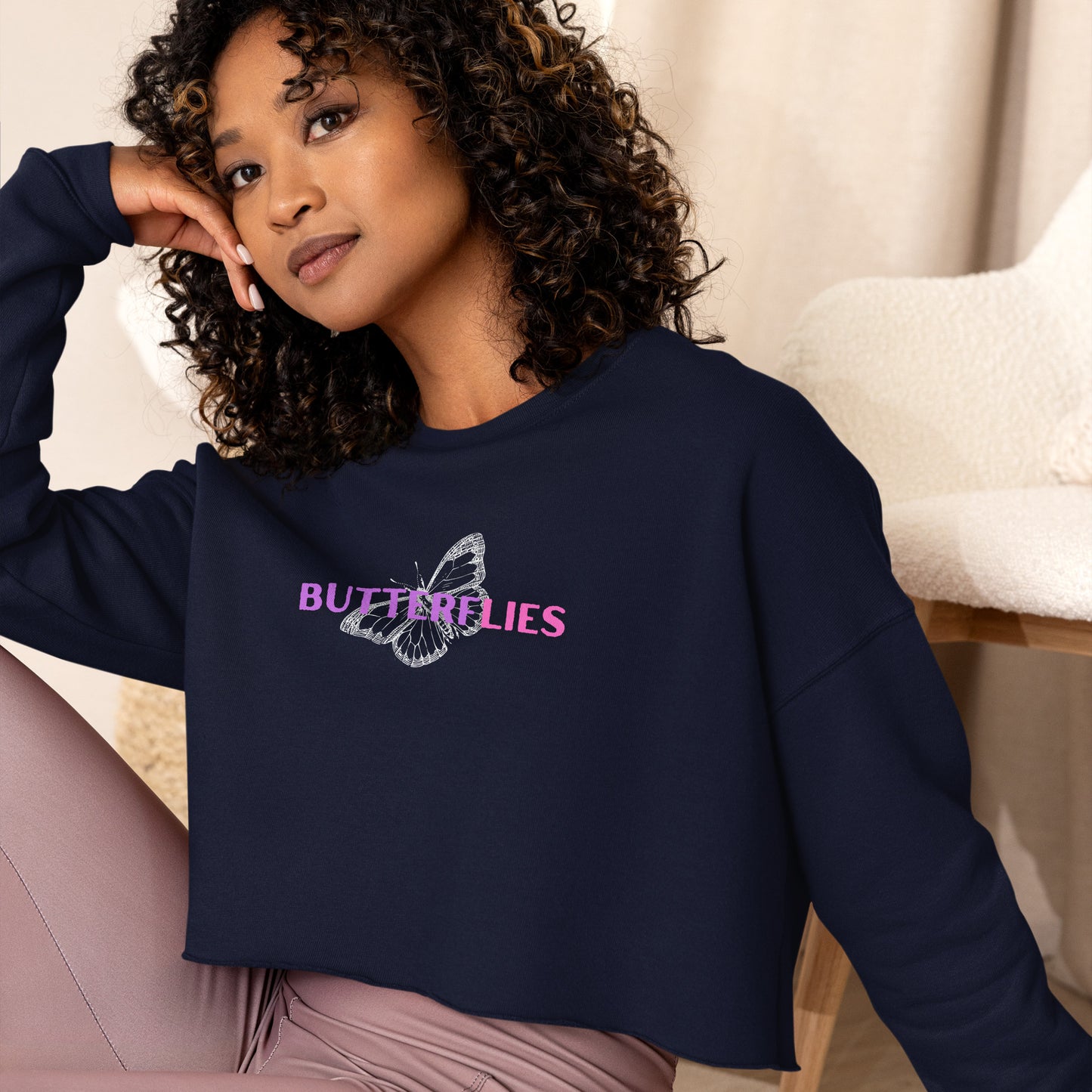 Whispers Of Wings Butterflies Women's Crop Sweatshirt - Navy - FLAKOUT